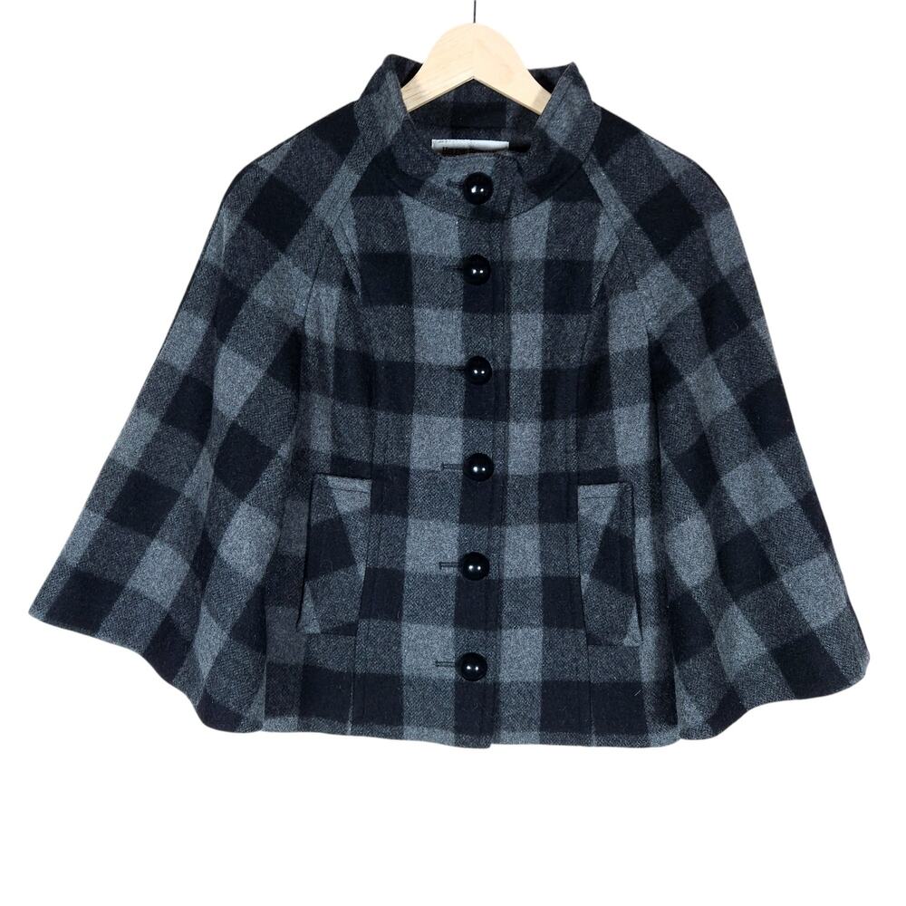 Helene Berman Womens Plaid Wool Cape Jacket XS Black Gray Checkered Vintage Chic